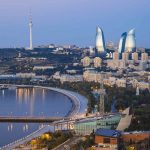 Azerbaijan, Baku, Elevated view of city with business center and waterfront