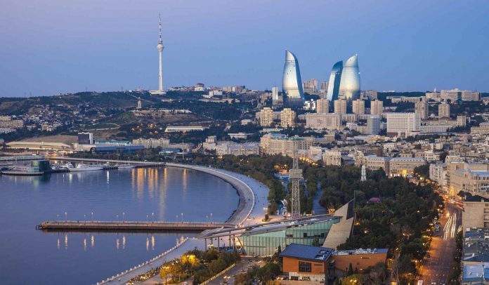 Azerbaijan, Baku, Elevated view of city with business center and waterfront