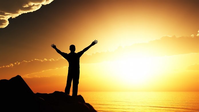 men greeting sun