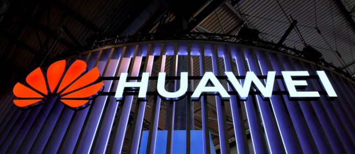 Logo of the Chinese Huawei brand seen during the Mobile