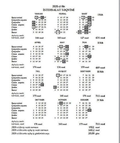 2020-ci ilin iş vaxtı norması və istehsalat təqvimi açıqlanıb 1 cədvəl