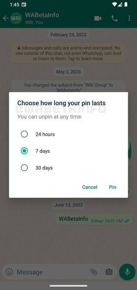 WA PIN MESSAGE DURATION ALERT FEATURE ANDROID